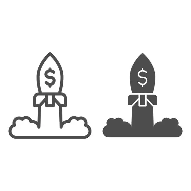 Vector illustration of Rocket launch with dollar line and solid icon. Space ship, business project startup symbol, outline style pictogram on white background. Money sign for mobile concept and web design. Vector graphics.