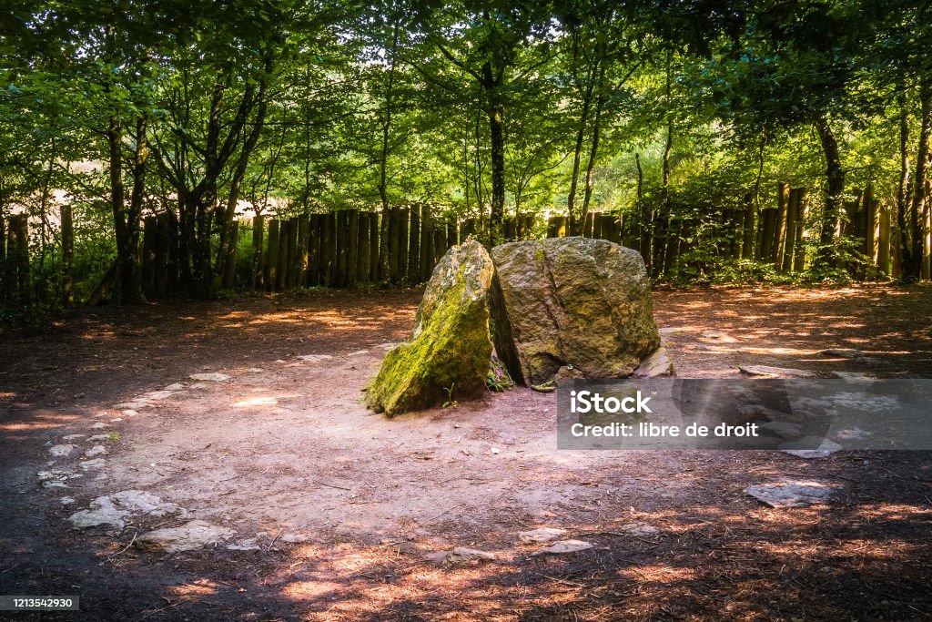 Merlin's grave or tomb or burial place, forest of Brocéliande landmark, Paimpont, Brittany, France. Foret de Paimpont Stock Photo