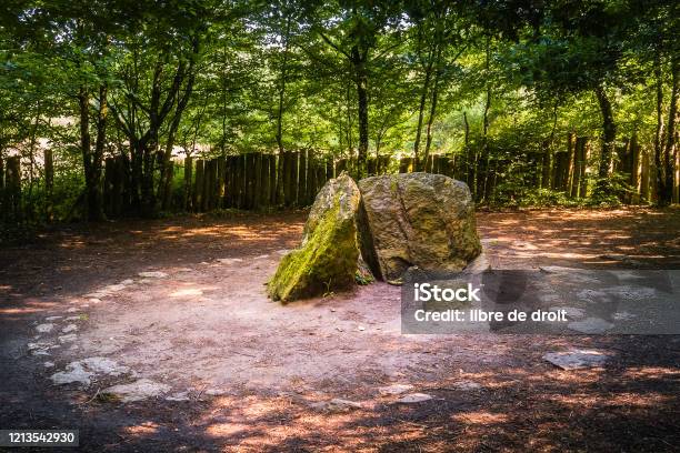 Merlins Grave Or Tomb Or Burial Place Forest Of Brocéliande Landmark Paimpont Brittany France Stock Photo - Download Image Now