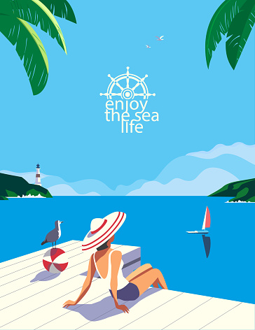 Summer seaside flat color vector. Blue ocean scenic view poster. Hand drawn pop art retro style. Holiday vacation season sea travel leisure. Tourist sea trip rest advertisement background illustration