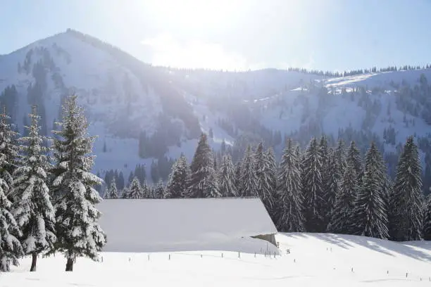 Winter landscape in the Allgäu Alps with mountain hut