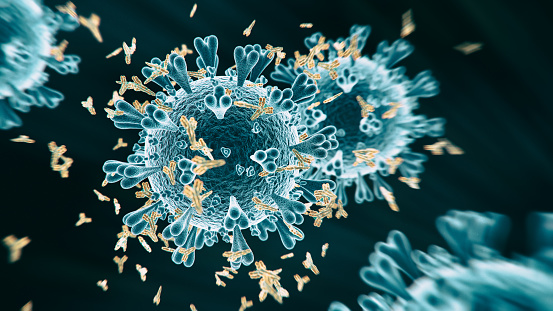 Abs COVID-19 antibody - 3d rendered image structure view on black background. \nViral Infection concept. MERS-CoV, SARS-CoV, ТОРС, 2019-nCoV, Wuhan Coronavirus.\nAntibody, Antigen, Vaccine concept.