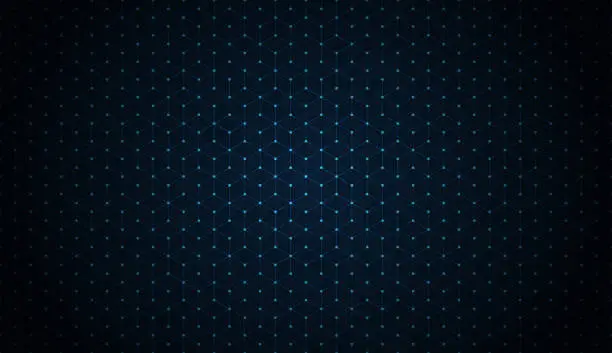 Vector illustration of dark blue blockchain technology background with dots and hexagons