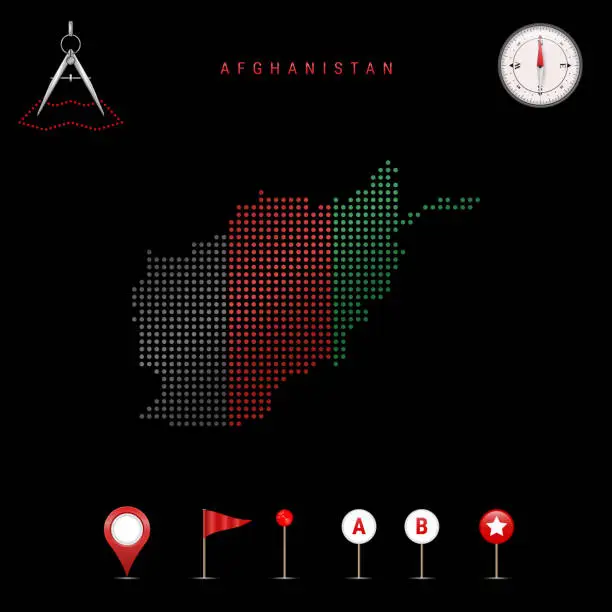 Vector illustration of Dotted vector map of Afghanistan painted in the national flag colors. Waving flag effect. Map tools icon set