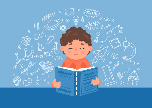 chłopiec czyta podręcznik. - child thinking school education stock illustrations