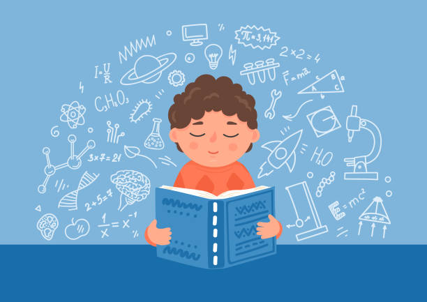 ilustrações de stock, clip art, desenhos animados e ícones de boy reading textbook. - mathematical symbol illustrations