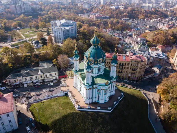 Photo of Aerial top view to St Andrew Church in Kiev