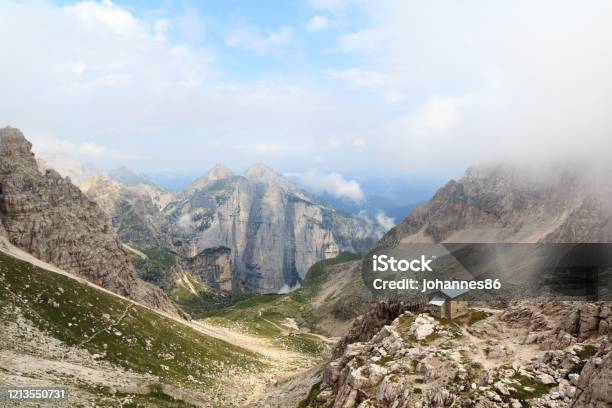 Alpine Hut Rifugio Tosa And Mountain Alps Panorama In Brenta Dolomites Italy Stock Photo - Download Image Now