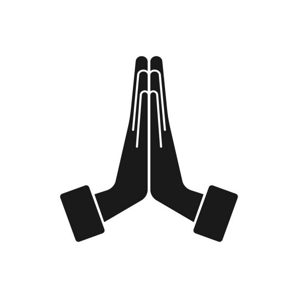 ilustraciones, imágenes clip art, dibujos animados e iconos de stock de levantó las manos en el saludo. icono vectorial sobre un fondo transparente - añjali mudrā saludo