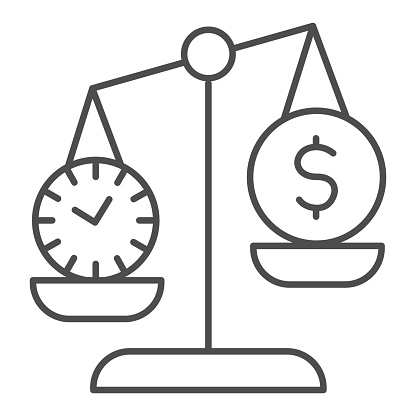 Clock and dollar coin on scales thin line icon. Scale balance money and time symbol, outline style pictogram on white background. Business sign for mobile concept and web design. Vector graphics