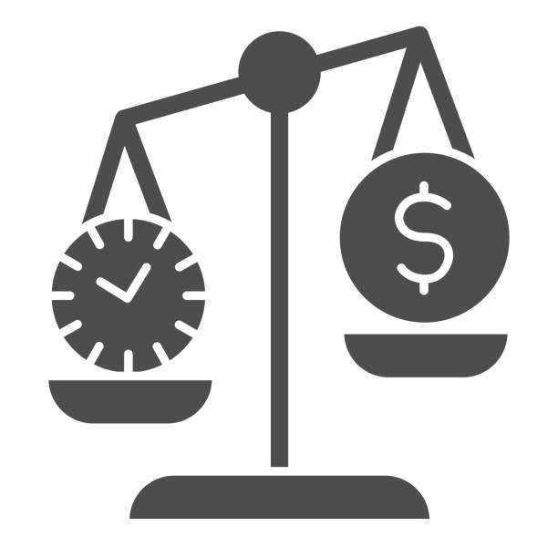 ilustrações de stock, clip art, desenhos animados e ícones de clock and dollar coin on scales solid icon. scale balance money and time symbol, glyph style pictogram on white background. business sign for mobile concept and web design. vector graphics. - stock market stock exchange banking stock market data