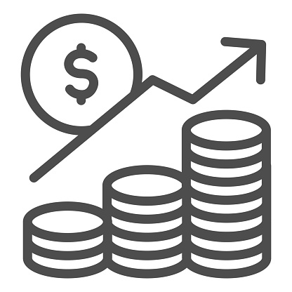 Money profit analytics line icon. Growth chart arrow, coins and dollar symbol, outline style pictogram on white background. Business sign for mobile concept and web design. Vector graphics