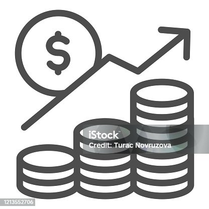 istock Money profit analytics line icon. Growth chart arrow, coins and dollar symbol, outline style pictogram on white background. Business sign for mobile concept and web design. Vector graphics. 1213552706