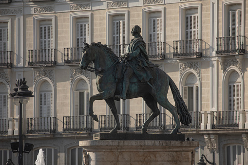 Equestrian statue of Carlos III, made of bronze and erected in the center of Puerta del Sol in Madrid, Spain, in 1994 after a referendum to consult citizens on its location.