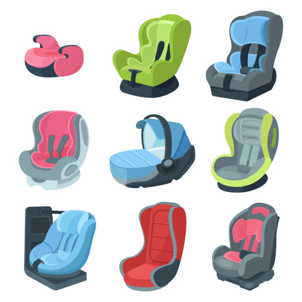 Set of child car seats, from newborns to adolescents. Set of child car seats for various age groups 0,1,2,3 child, infant, newborn baby. Armchairs for safe movement in vehicles, car type of child restraint, seat, support cushion, booster. Vector cartoon illustration. empty baby seat stock illustrations