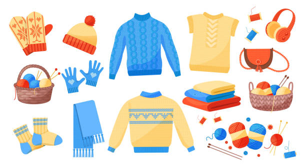 Cute winter warm knitted clothes set vector Cute winter warm knitted clothes set. Wool knitting winter clothes, knitting tools: hats, mittens, scarf, sweaters, socks, vest, jacket, knitted bag cartoon vector. Wool yarn, threads knit concept cardigan sweater stock illustrations