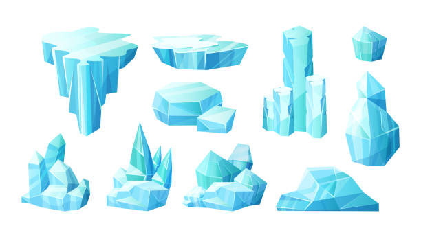Crystals of ice, iceberg broken pieces of ice, icicles Crystals of ice, iceberg broken pieces of ice, icicles, cold frozen blocks ice mountain, winter landscape for game design cartoon vector illustration icicle cartoon stock illustrations