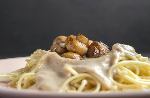 Mushroom sauce in white bowl isolated, top view studio image of creamy mushroom sauce
