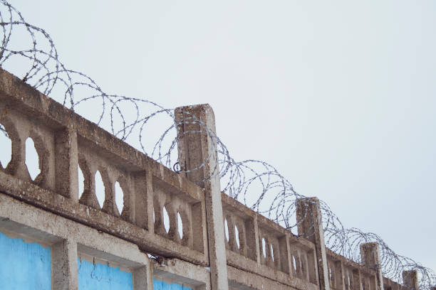 istock Barbed wires at stone fence on cloudy sky, security, prison concept. 1213556079