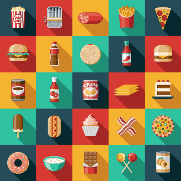 Processed Foods Icon Set A set of processed food icons. File is built in the CMYK color space for optimal printing. Color swatches are global so it’s easy to edit and change the colors. ready to eat stock illustrations
