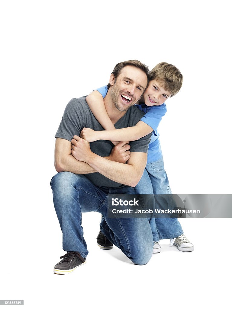 Happy father and son enjoying themselves on white background  Father Stock Photo