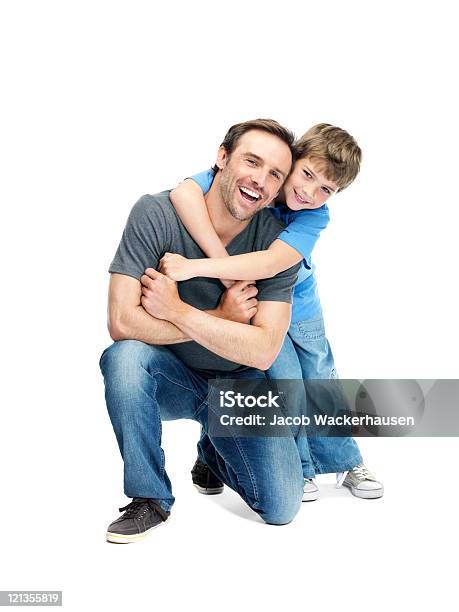 Happy Father And Son Enjoying Themselves On White Background Stock Photo - Download Image Now