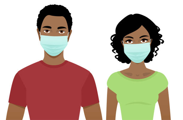 Young man and woman in surgical masks Young man and woman in surgical masks isolated on a white background. black hair illustrations stock illustrations