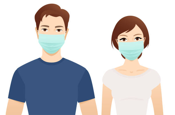 молодой мужчина и женщина в хирургических масках - men 20s cut out 30s stock illustrations