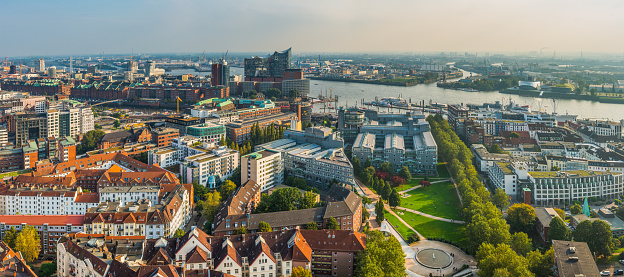 Panoramic aerial view across the UNESCO World Heritage Site of Speicherstadt to HafenCity on the harbour waterfront of Hamburg, Germany’s vibrant second city.