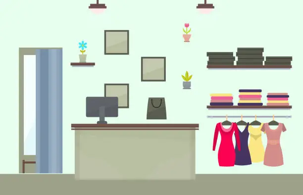 Vector illustration of Fashionable Female Clothes Store Interior Design