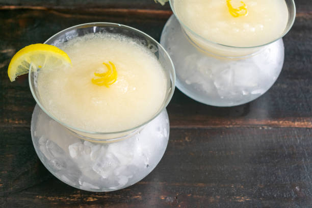 Sgroppino al Limone (Lemon Sorbet Cocktails) A frozen cocktail made with lemon sorbetto, prosecco, and vodka sour taste photos stock pictures, royalty-free photos & images