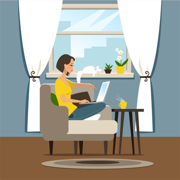 illustrations, cliparts, dessins animés et icônes de bureau à domicile - working at home women house computer