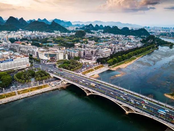 Aerial view of Guilin city in China and famous Li river