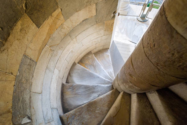 endless wooden staircase winding up an old tower, seen from the base upwards to the top, wide angle view, strong perspective