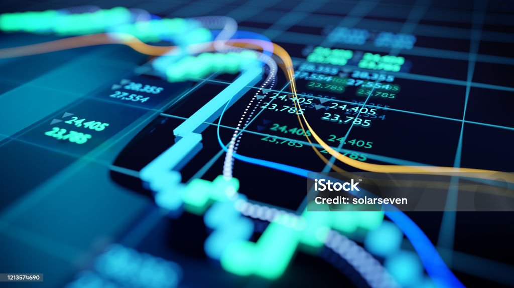 Close Up Image Of A Stock Market Graph close up shot of a digital stock market tracking graph follwing a recent crash in prices. Bear market 3D illustration Stock Market and Exchange Stock Photo