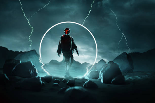 istock Futuristic Spaceman Arriving On A Hostile Planet 1213574761