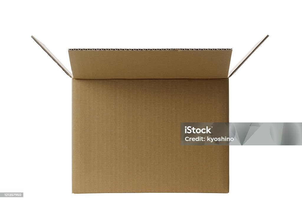 Isolated shot of opened blank cardboard box on white background Opened blank cardboard box isolated on white background with Clipping Path. Cardboard Box Stock Photo