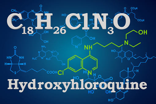 Hydroxychloroquine. Chemical formula of HCQ, molecular structure. 3D rendering