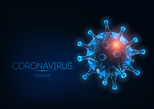 Futuristic glowing low polygonal Coronavirus covid-19 cell isolated on dark blue background. Viral infection outbreak, pandemic warning concept. Modern wire frame mesh design vector illustration.