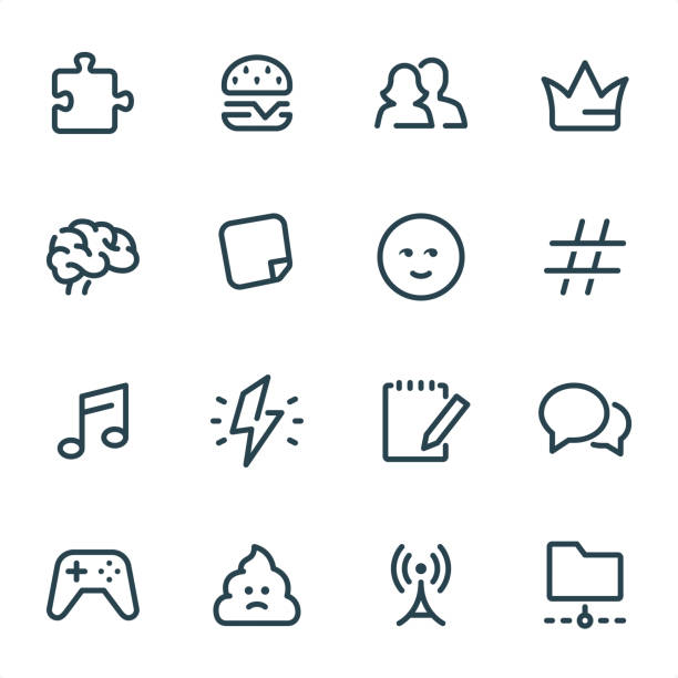 Social Networking - Pixel Perfect Unicolor line icons Social Networking icons set #06
Specification: 16 icons, 36x36 pх, stroke weight 2 px.
Features: Pixel Perfect, Unicolor, Single line.
First row of icons contains:
Puzzle, Hamburger, Friendship, Crown;
Second row contains:
Brain, Adhesive Note, Emoticon, Hashtag;
Third row contains:
Music, Ideas, Note Pad, Speech Bubble;
Fourth row contains:
Video Game, Feces, Antenna, File Sharing.
Complete MICO collection - https://www.istockphoto.com/collaboration/boards/UUv7uLop-06yEw9xnOBMNg smirk emoji stock illustrations