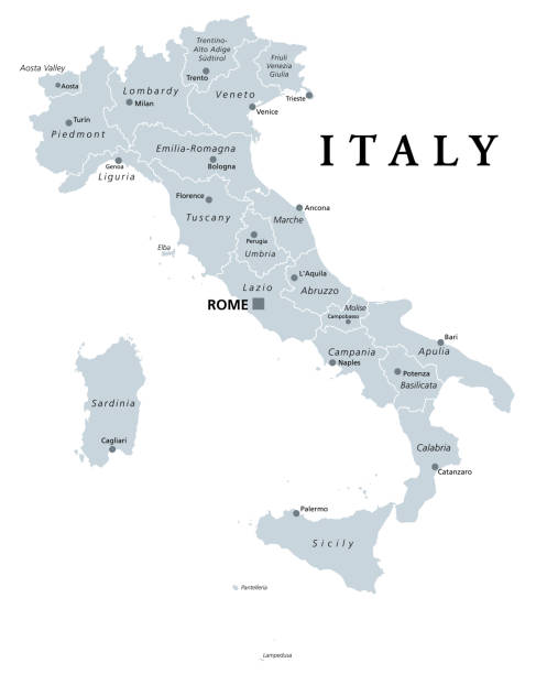 illustrations, cliparts, dessins animés et icônes de italie, carte politique grise avec les régions et les divisions administratives - lampedusa