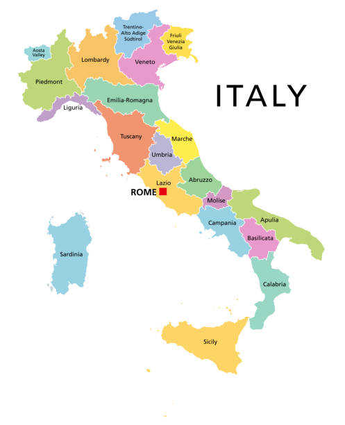 illustrazioni stock, clip art, cartoni animati e icone di tendenza di italia, mappa politica con regioni multicolori e divisioni amministrative - italy map sicily cartography