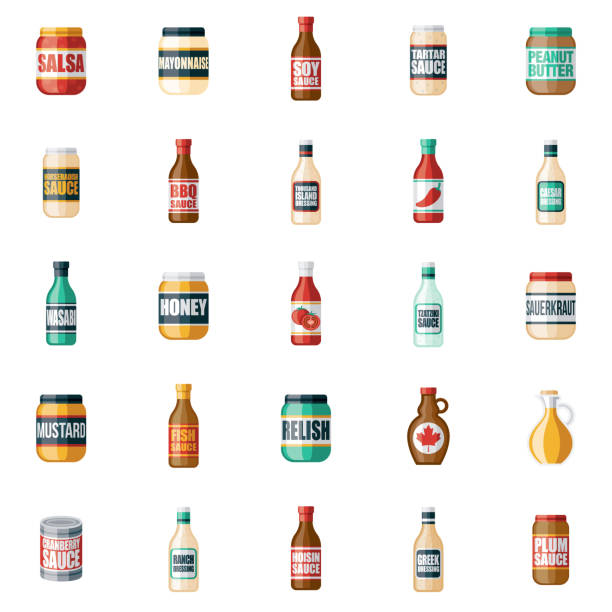 gewürze und saucen icon set - sauces dip ketchup mayonnaise stock-grafiken, -clipart, -cartoons und -symbole