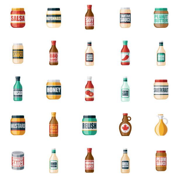 Condiments and Sauces Icon Set A set of icons. File is built in the CMYK color space for optimal printing. Color swatches are global so it’s easy to edit and change the colors. bottle of salad dressing stock illustrations