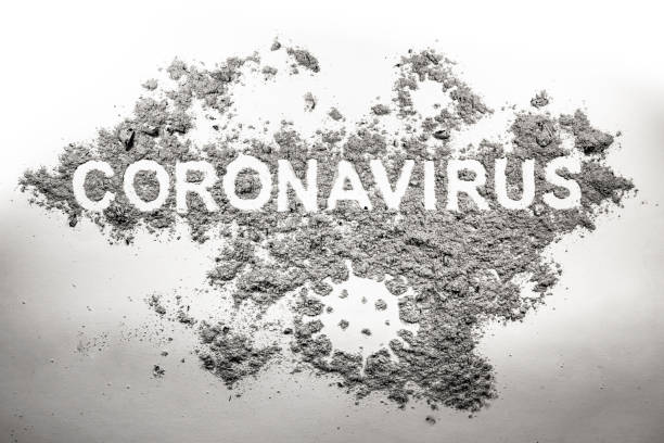 istock Coronavirus word and germ microbe silhouette drawing made in dirt, filth 1213582334