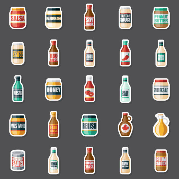 Condiments and Sauces Sticker Set A set of condiment and sauce stickers. File is built in the CMYK color space for optimal printing. Color swatches are global so it’s easy to edit and change the colors. cranberry sauce stock illustrations