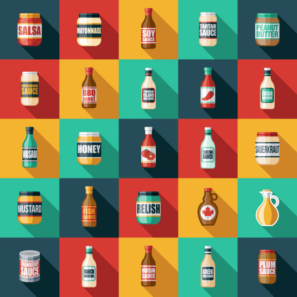 illustrations, cliparts, dessins animés et icônes de ensemble d’icônes de condiments et sauces - mustard mayonnaise condiment relish