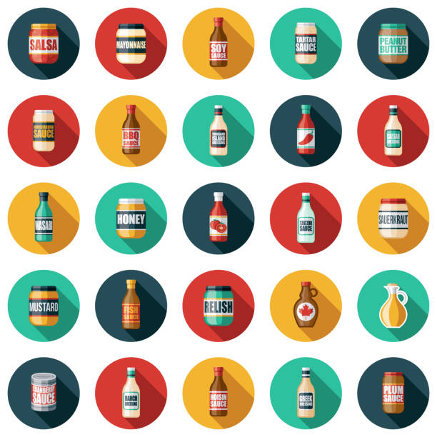 Condiments and Sauces Icon Set A set of icons. File is built in the CMYK color space for optimal printing. Color swatches are global so it’s easy to edit and change the colors. cranberry sauce stock illustrations