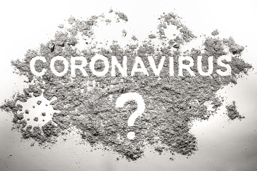 Questions and answers on coronavirus, all unknown and uncertain of Covid-19, all there is to know. prevention, waiting for the vaccine, unanswered questions. Question mark. Made in dirt, ash, dust or filth