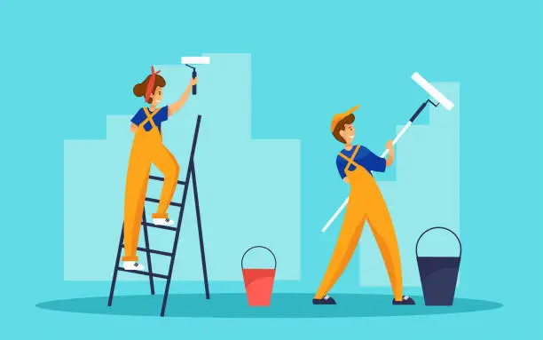 Vector illustration of Two painters painting wall. One worker is standing on ladder. Repair and interior renovation service vector concept.